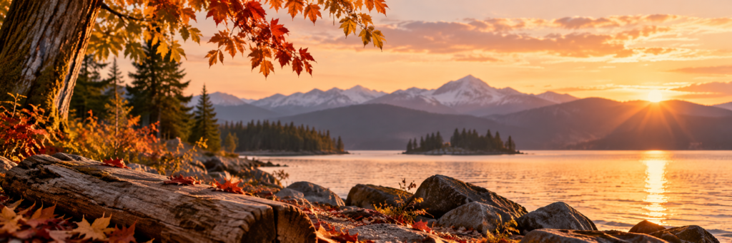 Autumn leaves frame a peaceful lakeshore at sunset, with a fallen log, rocky shoreline, golden reflections on the water, and snow-capped mountains in the distance.