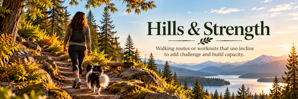A dark-haired woman and a tricolor Cavalier King Charles Spaniel walk uphill along a rocky, wooded trail overlooking a mountain lake. Embedded text reads “Hills & Strength” with the subtitle “Walking routes or workouts that use incline to add challenge and build capacity.”