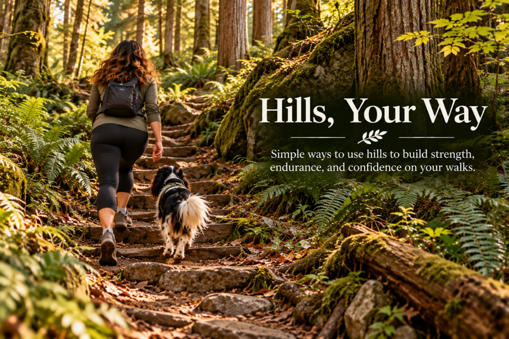 A dark-haired woman and a tricolor Cavalier King Charles Spaniel climb a steep, rocky trail through a dense forest of towering trees, moss, and ferns. Embedded text reads “Hills, Your Way,” with a subtitle about building strength and endurance through hill walking.