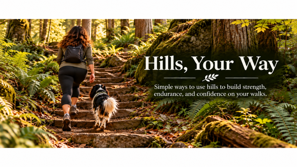 A dark-haired woman and a tricolor Cavalier King Charles Spaniel climb rustic stone steps through a sunlit forest filled with ferns, mossy rocks, and tall trees.