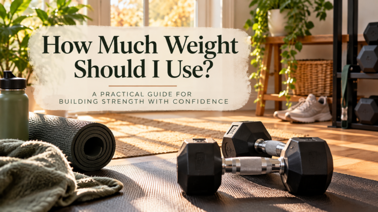 Warm, sunlit home workout space with dumbbells, exercise mat, and plants, featuring the title “How Much Weight Should I Use?” and subtitle “A Practical Guide for Building Strength with Confidence.”
