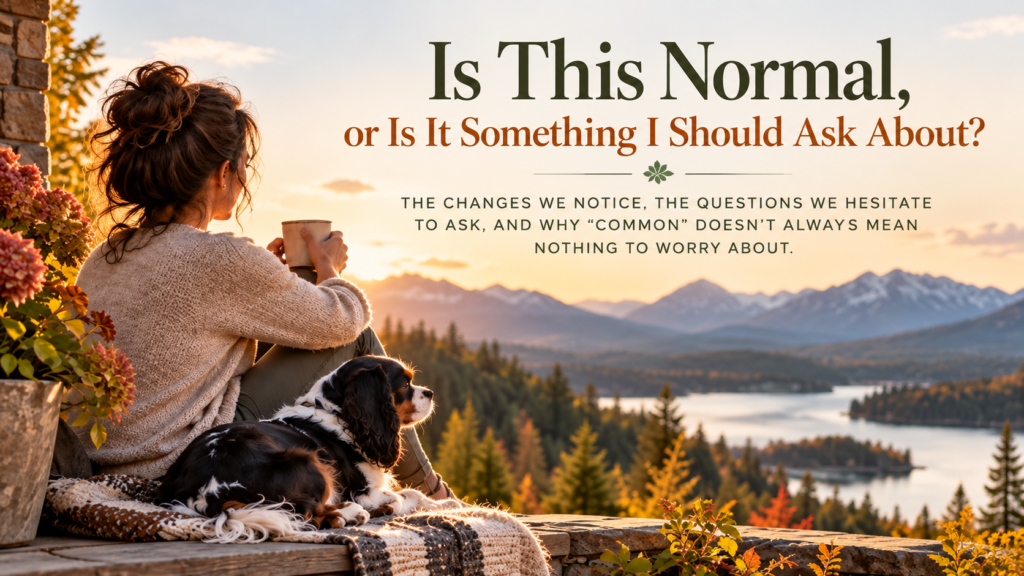 Woman with dark hair and a tricolor Cavalier King Charles Spaniel overlooking a lake and mountains in autumn sunlight, with the article title and subtitle embedded in the image.