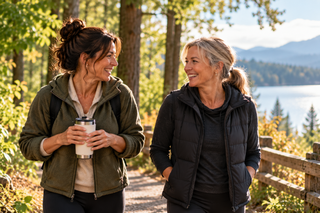Two middle-aged women smile at each other while walking along a wooded lakeside trail on a sunny autumn afternoon.