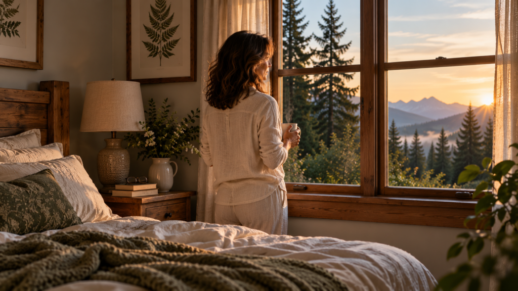 Claire stands beside her bedroom window in the early morning, looking toward misty evergreen trees and mountains after a restless night.