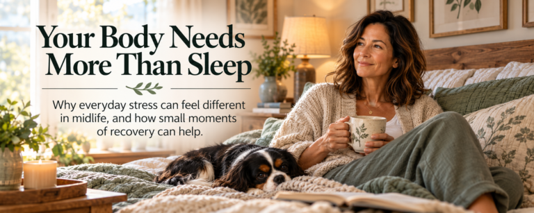 Claire Hartwell relaxing with her tricolor Cavalier King Charles Spaniel, Oreo, in a cozy bedroom, beneath the article title Your Body Needs More Than Sleep and a subtitle about stress and recovery in midlife.