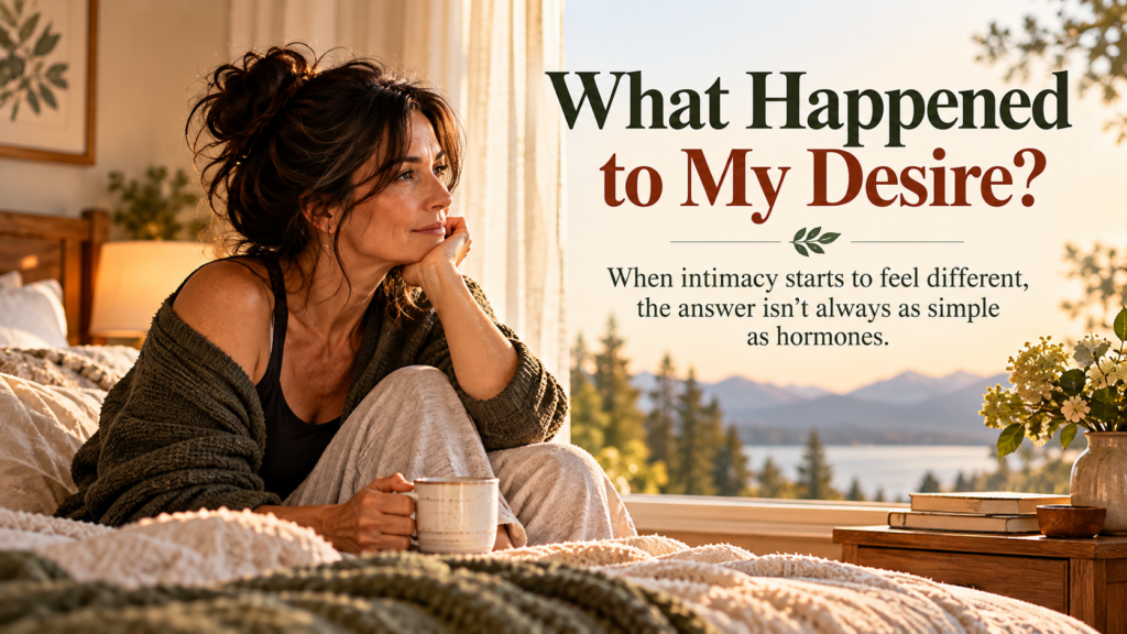 A dark-haired woman in her late forties or fifties sitting thoughtfully on a bed with a mug in warm morning light, overlooking a lake and mountains. Embedded title reads “What Happened to My Desire?” with a subtitle about intimacy and hormones.