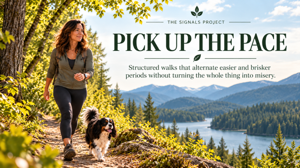 Claire and her tricolor Cavalier King Charles Spaniel, Oreo, walk along a sunlit forest trail overlooking a mountain lake. The landscape hero reads “Pick Up the Pace,” with a subtitle about alternating easier and brisker walking periods.