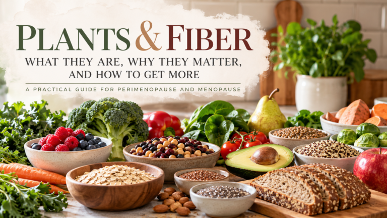 A sunlit kitchen counter filled with colorful vegetables, berries, beans, lentils, oats, seeds, whole-grain bread, and fruit. Embedded title reads “Plants & Fiber: What They Are, Why They Matter, and How to Get More,” with a subtitle describing a practical guide for perimenopause and menopause.