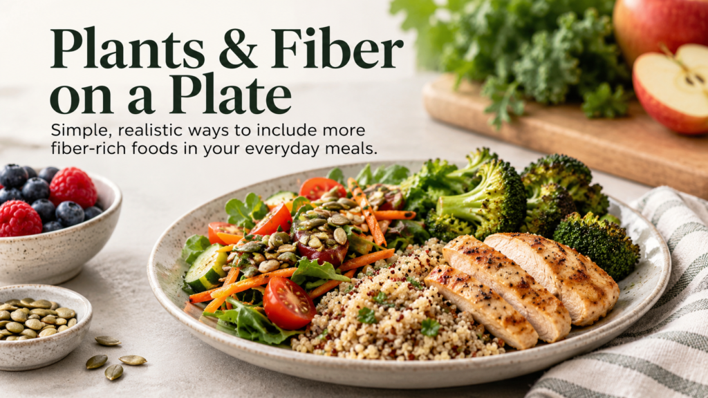 Header image for “Plants & Fiber on a Plate,” featuring grilled chicken, quinoa, broccoli, leafy greens, carrots, tomatoes, cucumber, and seeds, with berries and apples nearby. Embedded title and subtitle describe simple ways to add fiber-rich foods to everyday meals.