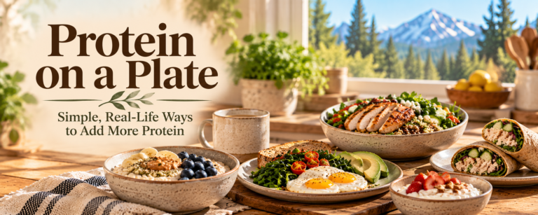 A variety of protein-rich meals including eggs, yogurt, chicken, salmon, whole grains, and vegetables arranged in a bright, sunlit kitchen.