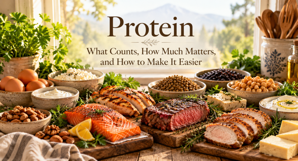 A variety of protein-rich foods including meat, fish, eggs, dairy, beans, tofu, nuts, and seeds.