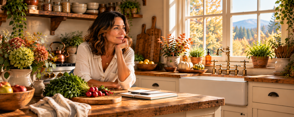 Claire Hartwell pauses thoughtfully at her kitchen island, surrounded by autumn flowers and fresh produce, with warm sunlight streaming through the farmhouse windows.