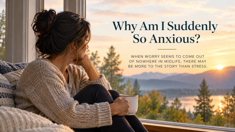 A dark-haired woman sits thoughtfully beside a window overlooking a lake and mountains at sunset. The image includes the article title “Why Am I Suddenly So Anxious?” and its subtitle about unexpected worry in midlife.