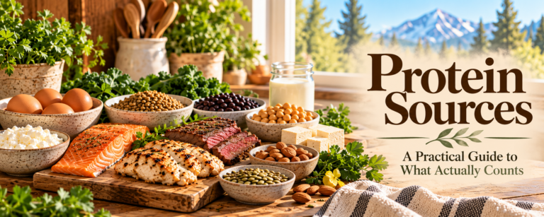 Protein-rich foods including salmon, chicken, eggs, cottage cheese, beans, lentils, tofu, nuts, and seeds arranged in a bright kitchen.