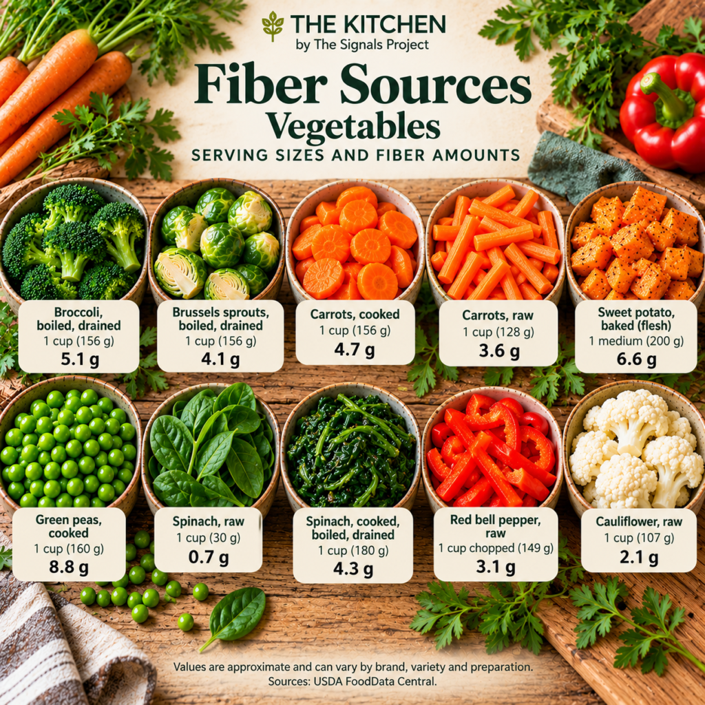 Fiber sources infographic comparing broccoli, Brussels sprouts, raw and cooked carrots, sweet potato, green peas, raw and cooked spinach, red bell pepper, and cauliflower, with serving sizes and approximate fiber amounts.