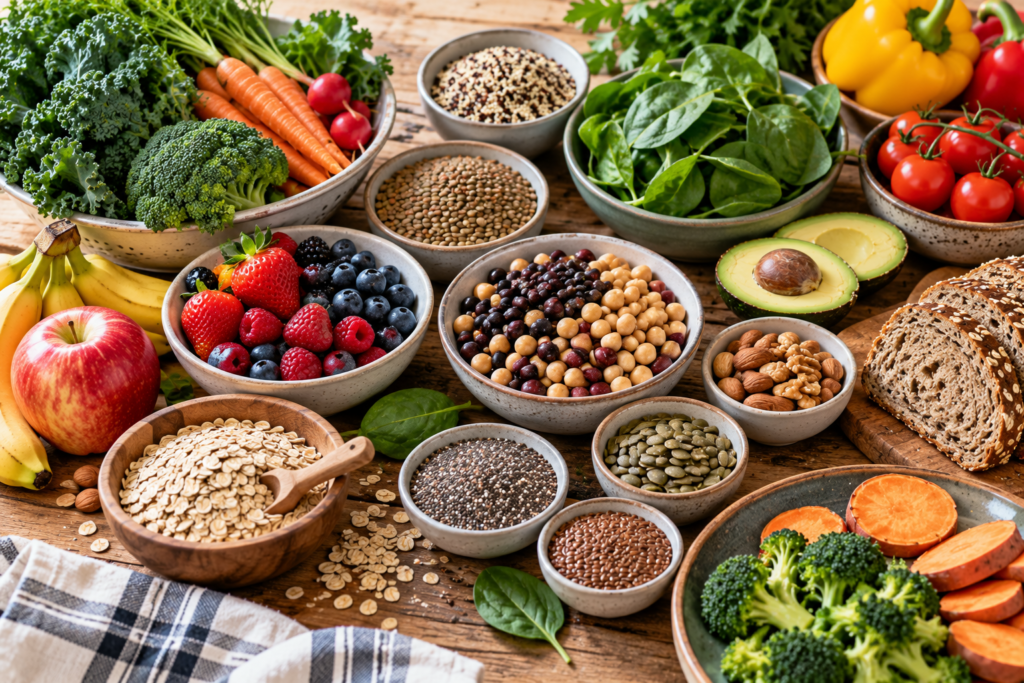 Overhead view of a wooden table filled with fiber-containing plant foods, including beans, chickpeas, lentils, oats, seeds, nuts, whole-grain bread, berries, apples, bananas, broccoli, carrots, leafy greens, and sweet potatoes.