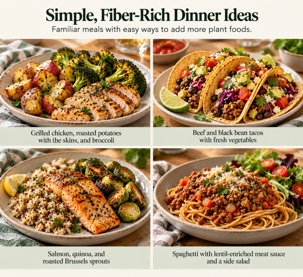 Four-panel food infographic titled “Simple, Fiber-Rich Dinner Ideas,” showing grilled chicken with roasted potatoes and broccoli; beef and black bean tacos with vegetables; salmon with quinoa and Brussels sprouts; and spaghetti with lentil-enriched meat sauce and a side salad
