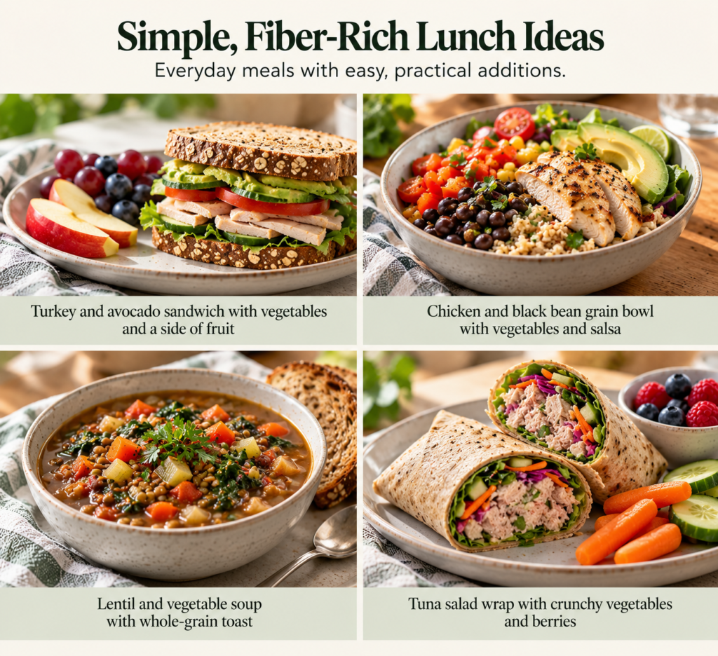 Four-panel food infographic titled “Simple, Fiber-Rich Lunch Ideas,” showing a turkey and avocado sandwich with vegetables and fruit; chicken and black bean grain bowl with salsa; lentil and vegetable soup with whole-grain toast; and a tuna salad wrap with crunchy vegetables and berries.