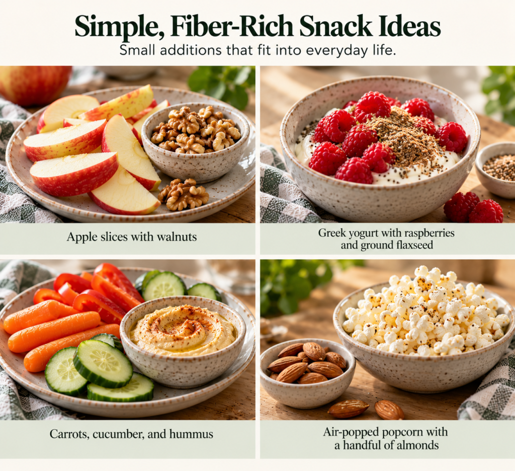 Four-panel food infographic titled “Simple, Fiber-Rich Snack Ideas,” featuring apple slices with walnuts; Greek yogurt with raspberries and ground flaxseed; carrots, cucumber, and hummus; and air-popped popcorn with almonds.