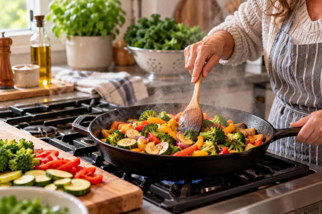A woman wearing a striped apron stirs broccoli, zucchini, bell peppers, and red onion in a steaming skillet on a kitchen stove. Fresh vegetables, herbs, and olive oil are visible nearby.