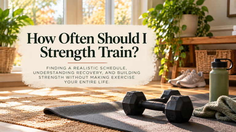 Warm, sunlit home workout space with strength-training equipment and the embedded title “How Often Should I Strength Train?” and subtitle about building a realistic weekly strength-training schedule.
