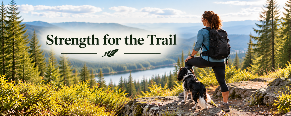 A dark-haired woman with a hiking backpack and a tricolor Cavalier King Charles Spaniel pause on a rocky overlook above a forested lake, surrounded by evergreen trees and distant blue mountains.