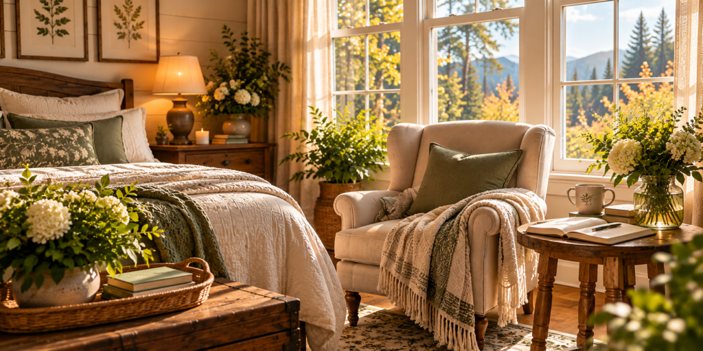 A cozy bedroom reading corner with a cream armchair, soft blanket, open journal, and warm morning sunlight streaming through windows overlooking autumn trees.