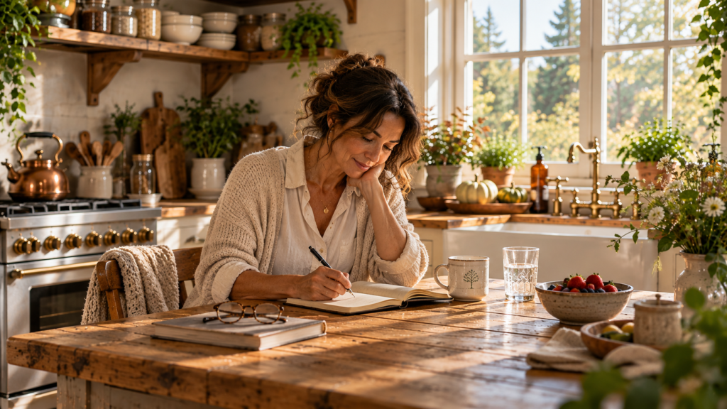Claire sits at the rustic wooden kitchen island, writing in a notebook beside a glass of water and a mug in the morning sunlight.