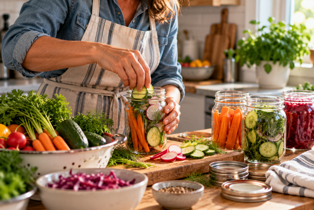 A woman in a denim shirt and striped apron fills glass jars with sliced cucumbers, carrots, radishes, and fresh herbs in a sunlit kitchen. Additional vegetables and jar lids sit on the wooden counter.