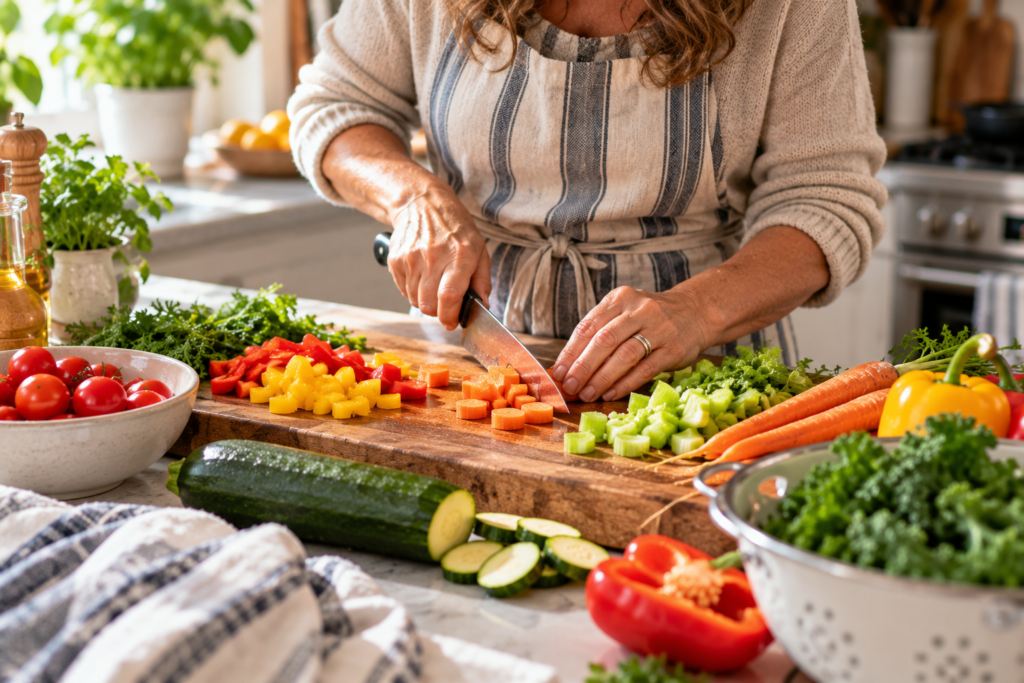A woman in a striped apron chops carrots on a wooden cutting board in a sunlit home kitchen. Chopped peppers and celery, fresh zucchini, tomatoes, and leafy greens surround the preparation area.