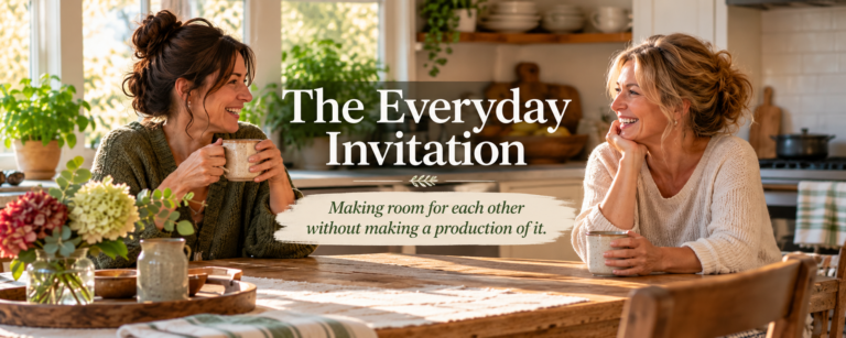 Two women enjoying coffee and conversation at a sunlit farmhouse kitchen table, with the title “The Everyday Invitation” and its subtitle overlaid.