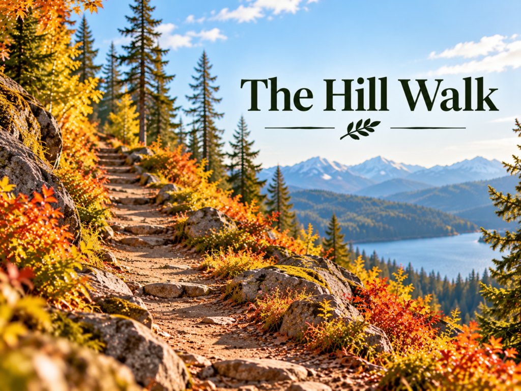 A rocky woodland trail climbs a hillside through colorful autumn foliage, overlooking a mountain lake and distant peaks. Embedded title reads “The Hill Walk.”
