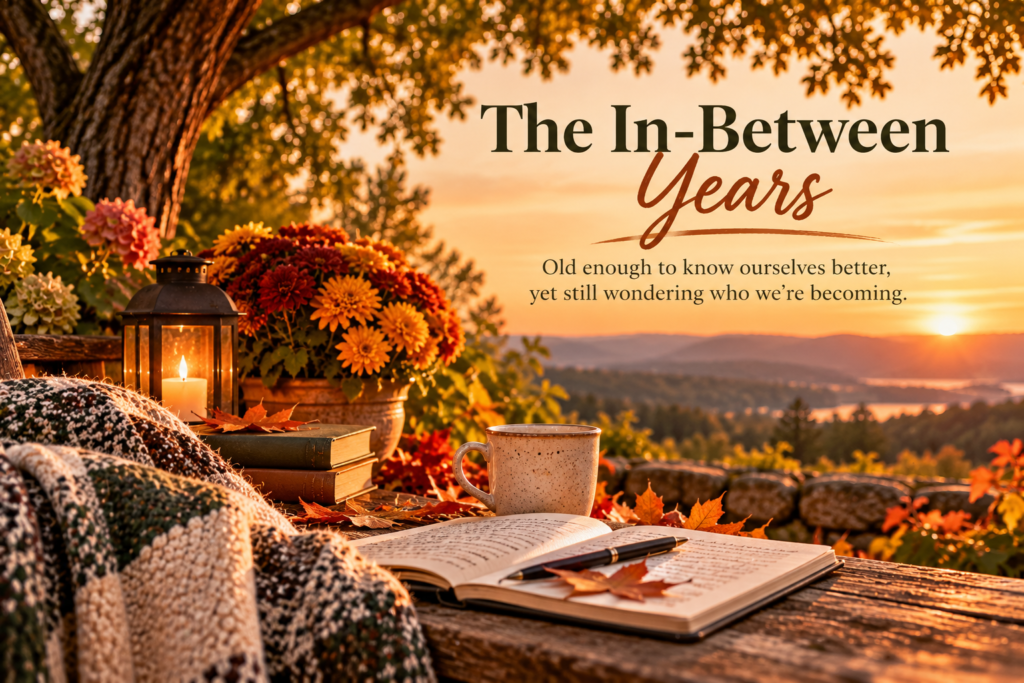 An open journal, coffee mug, books, autumn flowers, and glowing lantern sit beneath an old oak tree at sunset. Embedded title reads “The In-Between Years,” with the subtitle “Old enough to know ourselves better, yet still wondering who we’re becoming.”