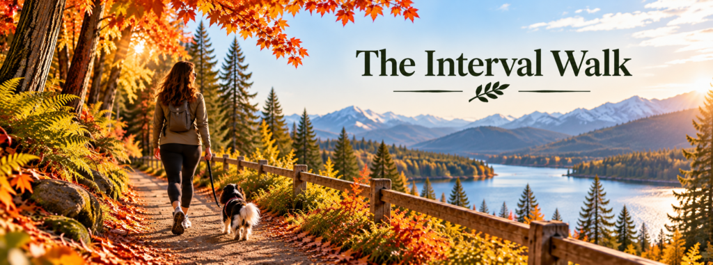 Claire walks with Oreo, her small tricolor Cavalier King Charles Spaniel, along a sunlit autumn trail overlooking a lake and distant mountains. The image reads “The Interval Walk.”