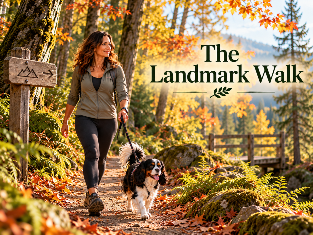 Claire and Oreo, a tricolor Cavalier King Charles Spaniel, walking past a wooden trail marker in an autumn forest. Embedded title reads “The Landmark Walk.”