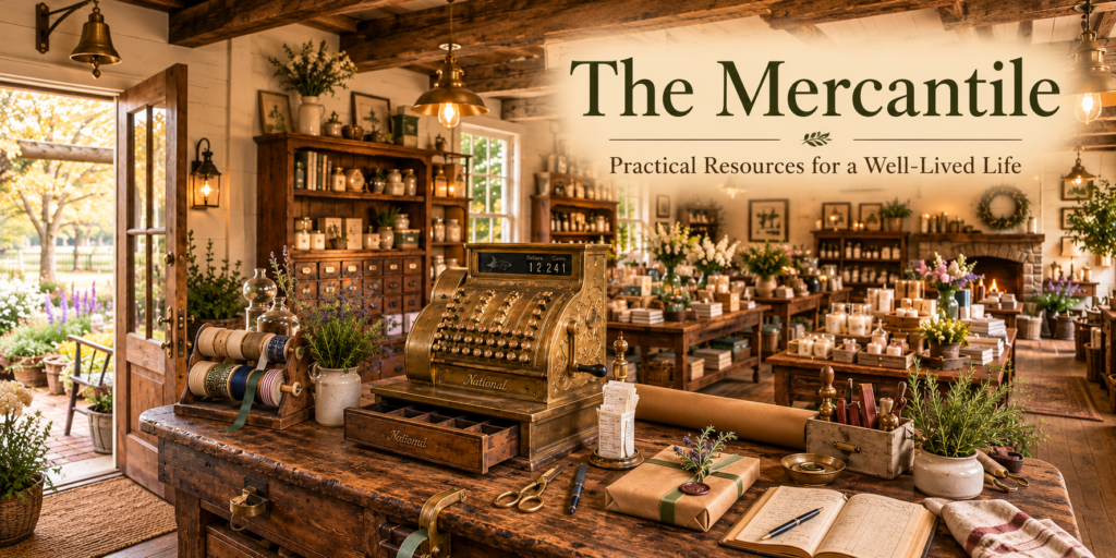 Warmly lit rustic mercantile with wooden shelves, a vintage brass cash register, flowers, and an open garden door. The image reads “The Mercantile — Practical Resources for a Well-Lived Life.”