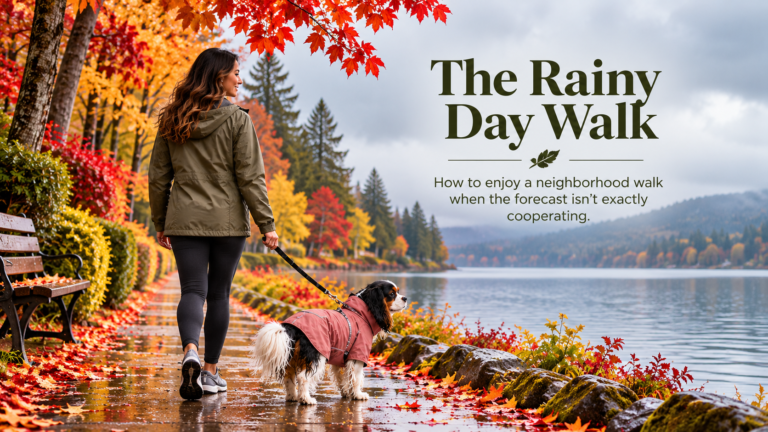 Claire walks Oreo, her tricolor Cavalier King Charles Spaniel wearing a dusty pink raincoat and harness, along a rain-soaked lakeside sidewalk lined with colorful autumn trees. The image features the title “The Rainy Day Walk” and its subtitle about enjoying neighborhood walks in rainy weather.