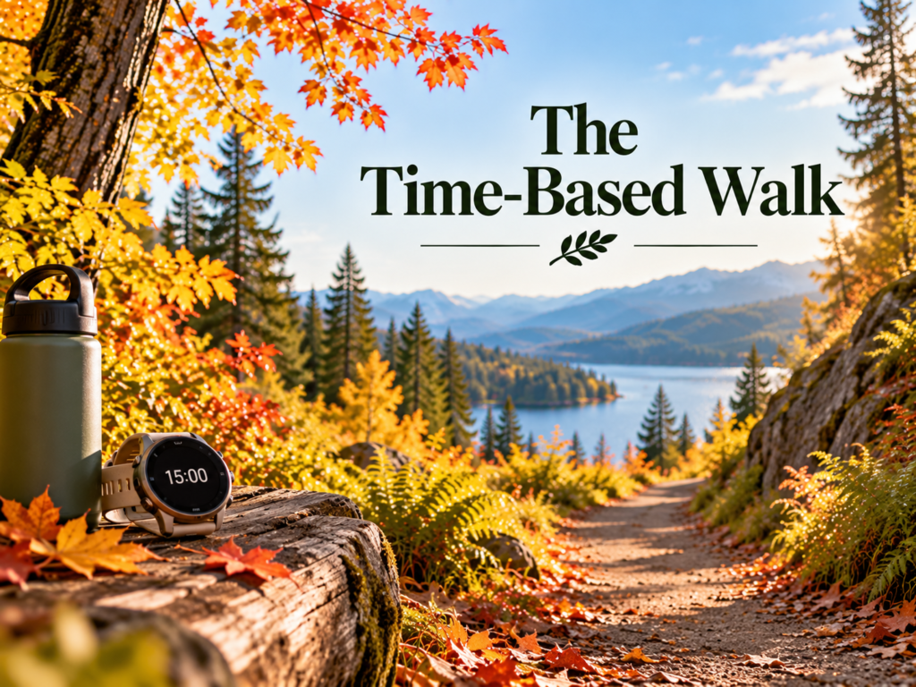 A fitness watch displaying 15:00 and an olive-green water bottle rest beside a sunlit autumn trail overlooking a mountain lake. Embedded title reads “The Time-Based Walk.”