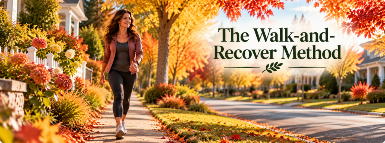Claire walks along a tree-lined neighborhood sidewalk in autumn, wearing a mauve athletic jacket and dark leggings, with colorful fall foliage and houses in the background.