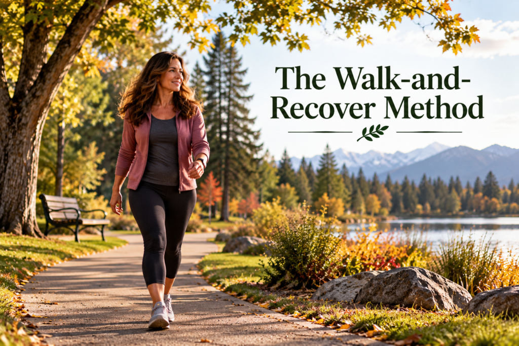 A woman in her 50s walks along a paved neighborhood park path, with a bench, green trees, gentle autumn colors, and a lake in the background.