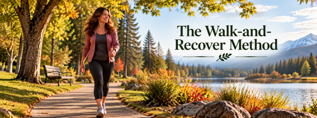 A woman in her 50s walks along a paved neighborhood park path, with a bench, green trees, gentle autumn colors, and a lake in the background.