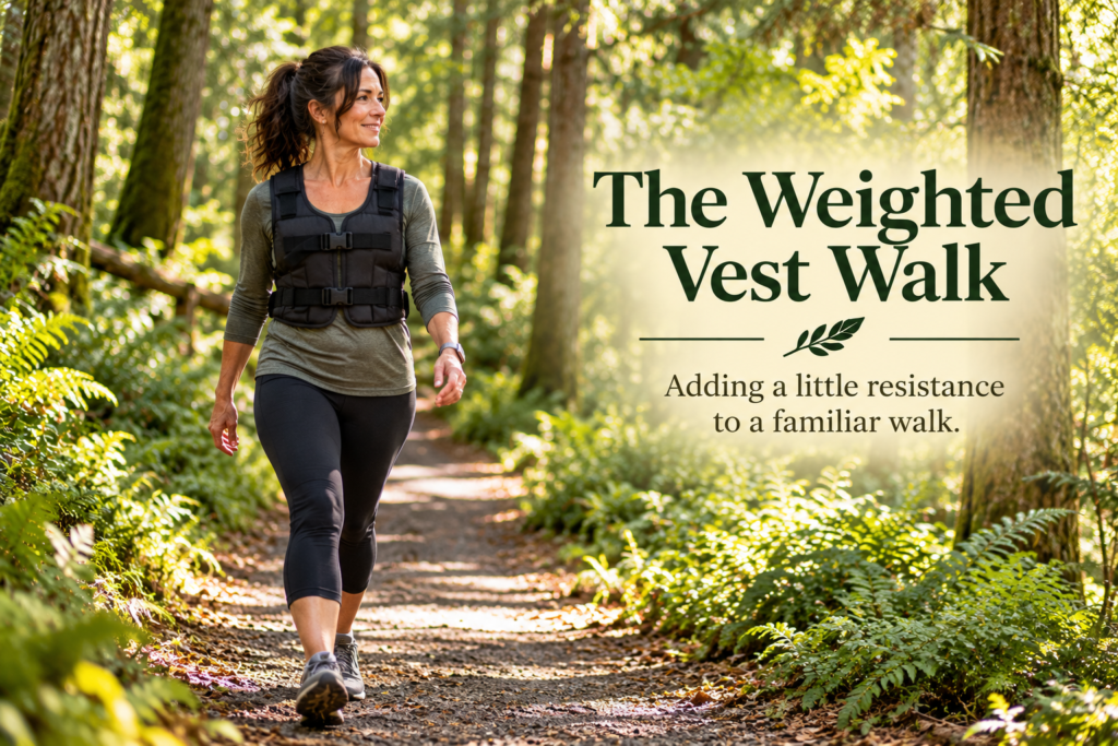 A dark-haired woman wearing a black weighted vest walks along a green, fern-lined woodland path. Embedded text reads “The Weighted Vest Walk” with the subtitle “Adding a little resistance to a familiar walk.”