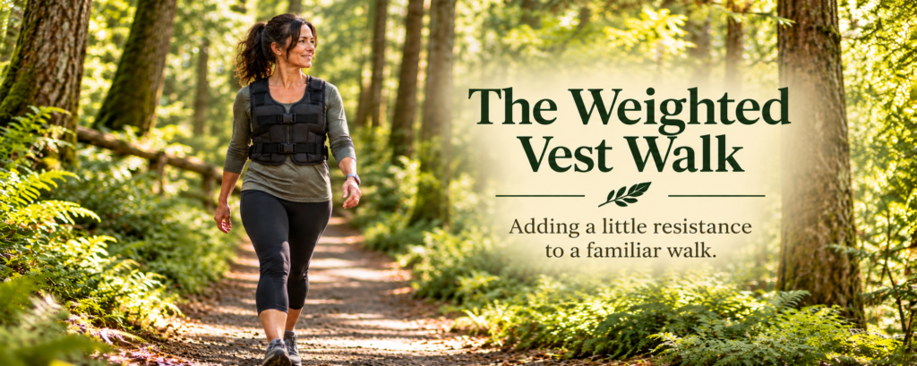 A dark-haired woman wearing a black weighted vest walks along a sunlit forest trail surrounded by tall trees, ferns, and lush greenery.