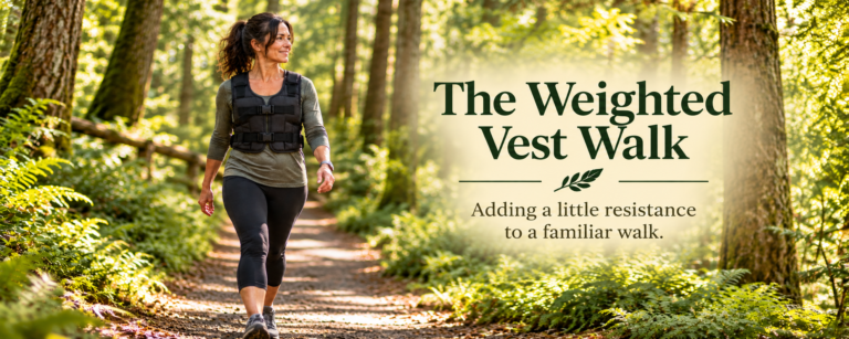 A dark-haired woman wearing a black weighted vest walks along a sunlit forest trail surrounded by tall trees, ferns, and lush greenery.