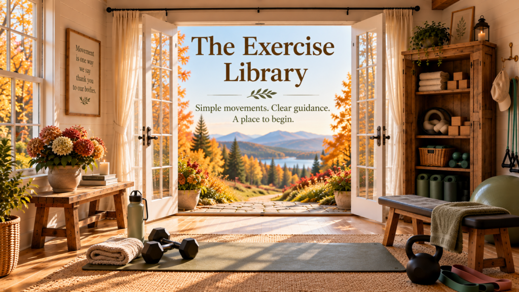 Sunlit Morning Room with dumbbells, exercise mat, resistance bands, and bench overlooking colorful autumn trees and distant mountains.