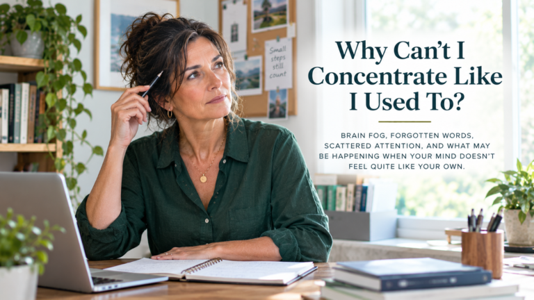 A dark-haired woman in a forest-green blouse sits at her home office desk, holding a pen thoughtfully beside an open notebook and laptop. The header includes the title “Why Can't I Concentrate Like I Used To?” and a subtitle about brain fog and scattered attention in midlife.