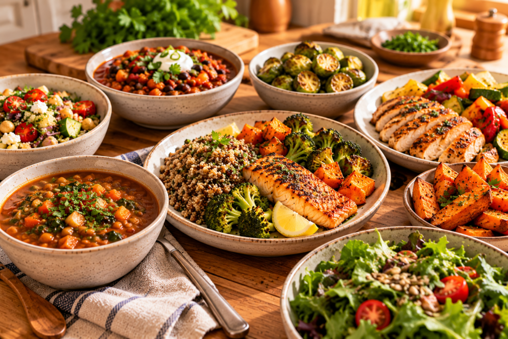 Sunlit dinner spread featuring grilled salmon with quinoa, roasted broccoli and sweet potatoes, alongside bean chili, lentil and vegetable soup, roasted Brussels sprouts, grilled chicken with vegetables, and fresh salads.