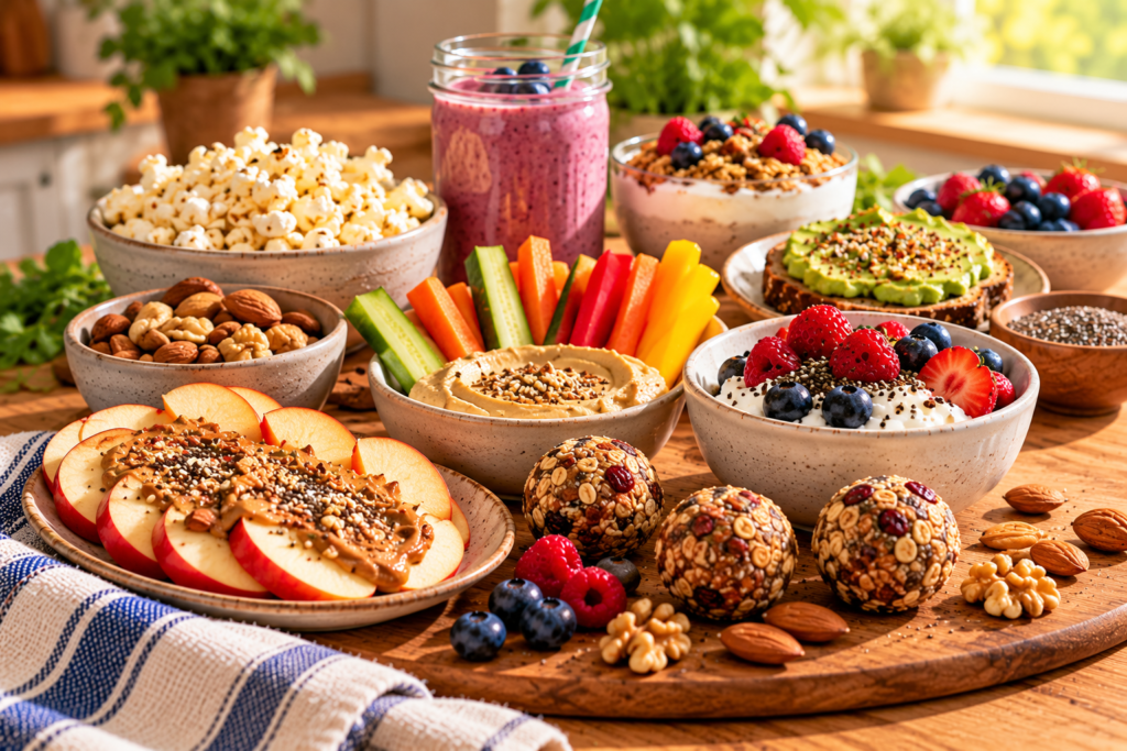 Sunlit snack spread featuring apple slices with nut butter and seeds, mixed nuts, vegetables with hummus, popcorn, yogurt with berries and chia seeds, avocado toast, a berry smoothie, and oat-based energy bites.