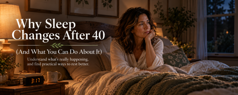 Claire sits awake in her cozy bedroom at 3:17 a.m., surrounded by rumpled bedding and warm lamplight, beneath the title “Why Sleep Changes After 40.”