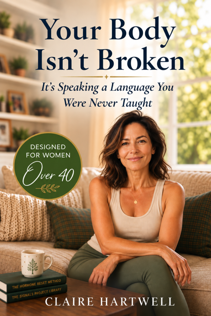 Book cover of Your Body Isn't Broken: It's Speaking a Language You Were Never Taught by Claire Hartwell, featuring a dark-haired woman seated on a sofa in a warmly lit living room.